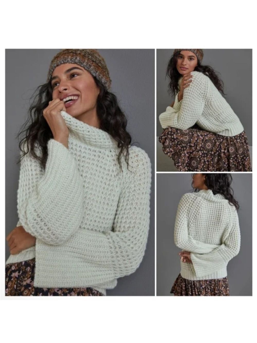 Anthropologie Maeve Dionne Knit Bell Sleeve Sweater Mock Neck Mint Green Size XS